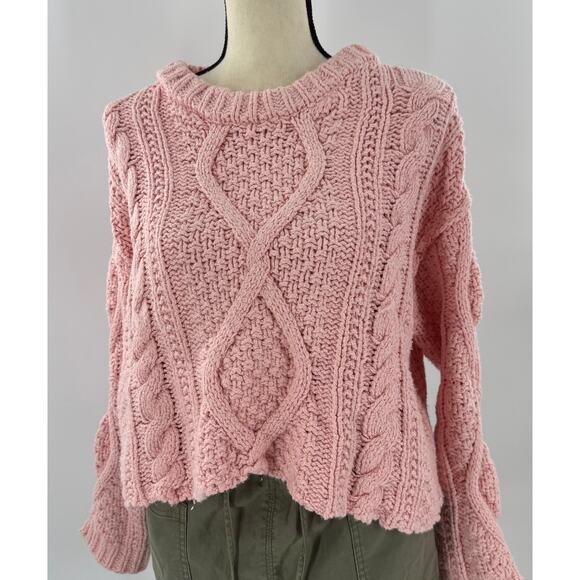 Free People Cutting Edge Pink Chunky Cableknit Crop Sweater Pullover Large - Picture 1 of 9
